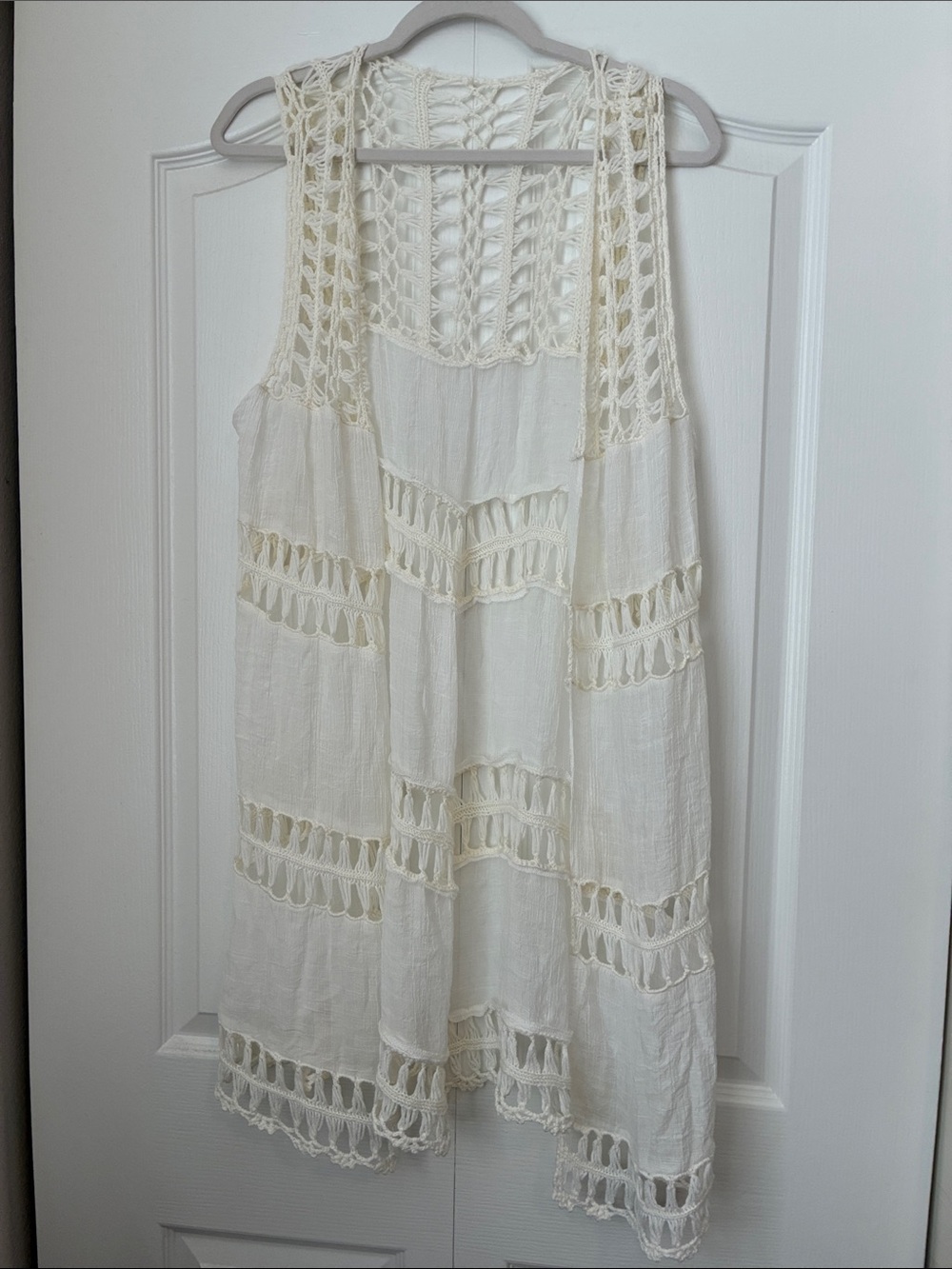 Ivory Crochet Boho Duster Long Cardigan Layering Gauze Effortless Cottagecore